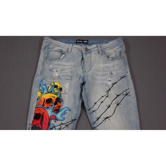 MOTIVE DENIM JEANS Blue Skull Graphic Rhinestone Print Stretch Tag 32X32 (32X31) - Picture 5 of 15